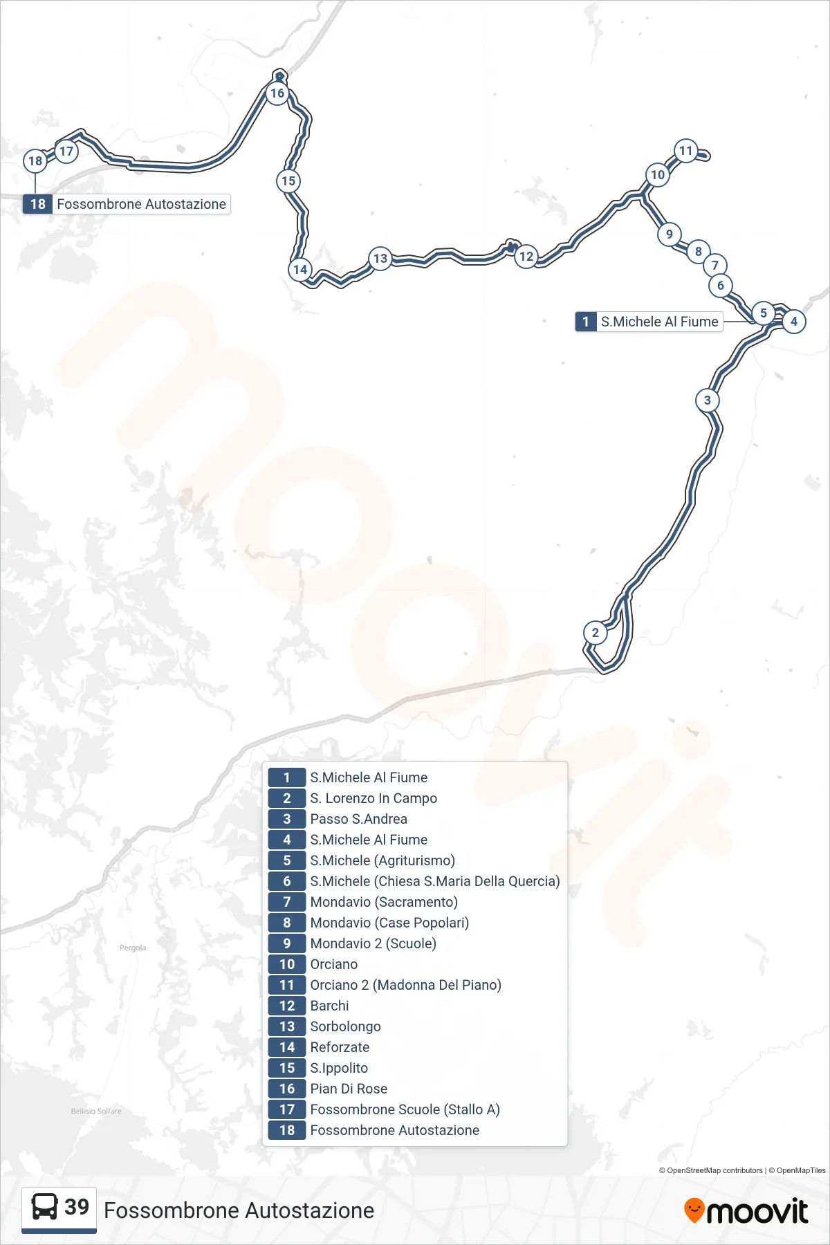 Linea 39 bus (Fossombrone Autostazione) - Percorsi e fermate sulla mappa