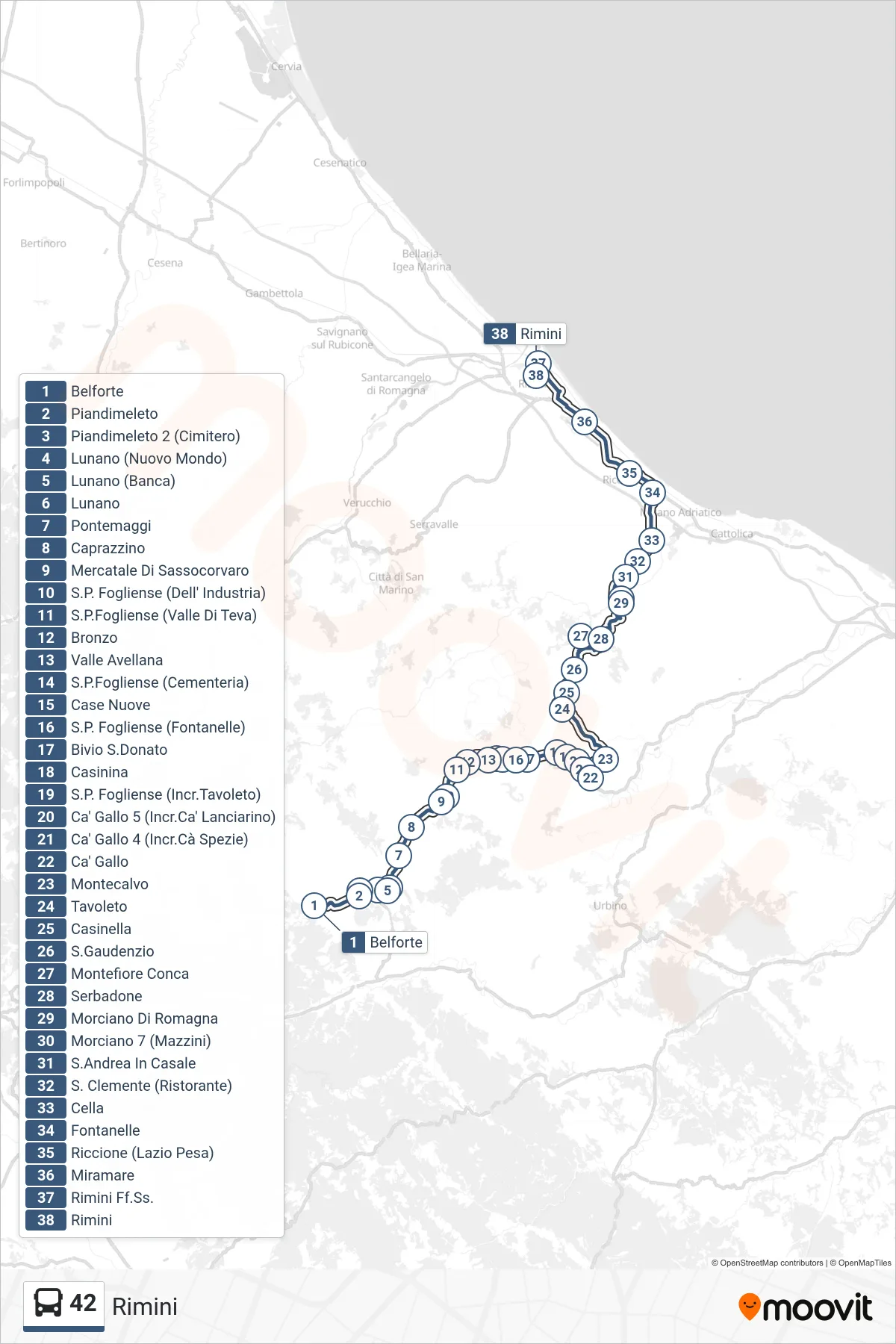 Linea 42  bus (Rimini) - Percorsi e fermate sulla mappa