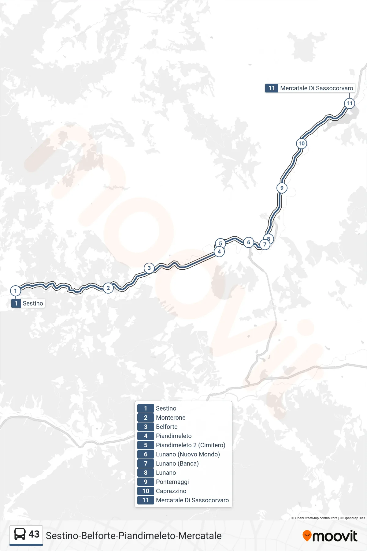 Linea 43 bus (Mercatale Di Sassocorvaro) - Percorsi e fermate sulla mappa