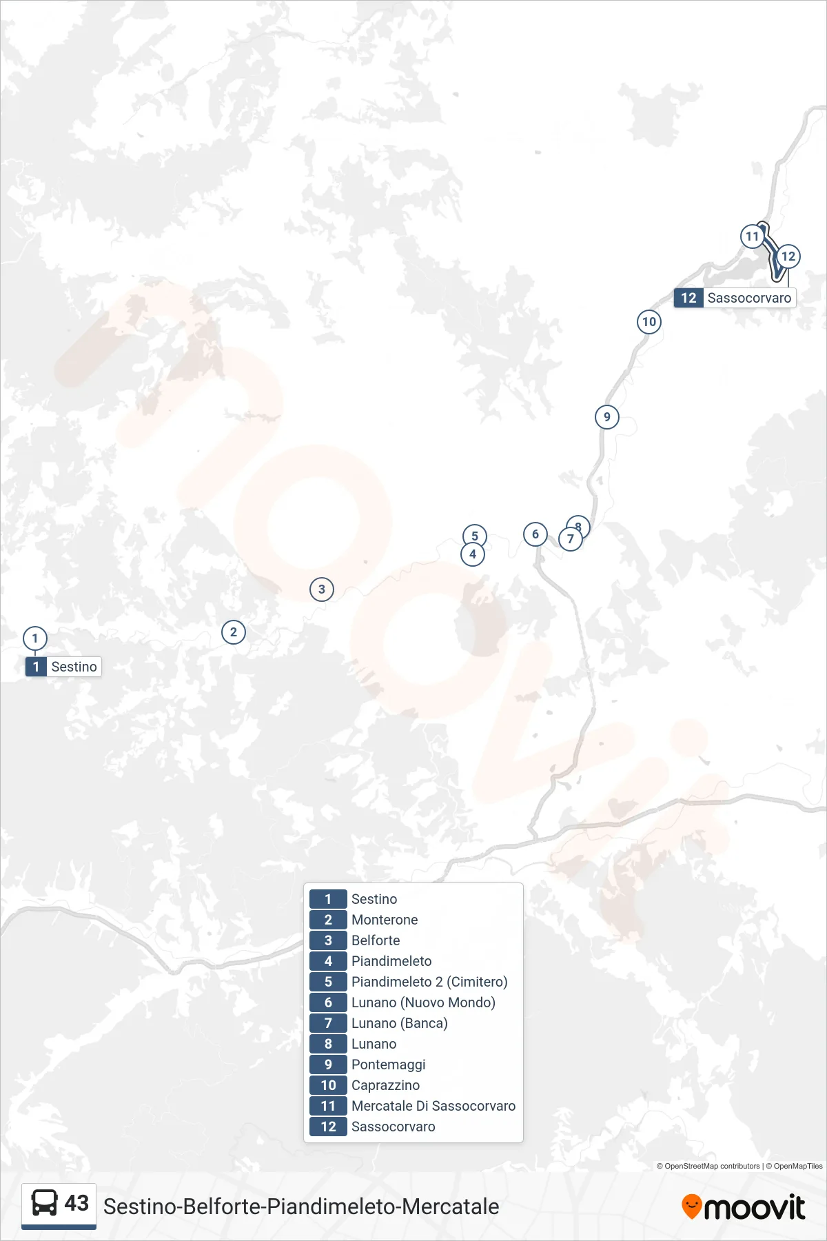 Linea 43 bus (Sassocorvaro) - Percorsi e fermate sulla mappa