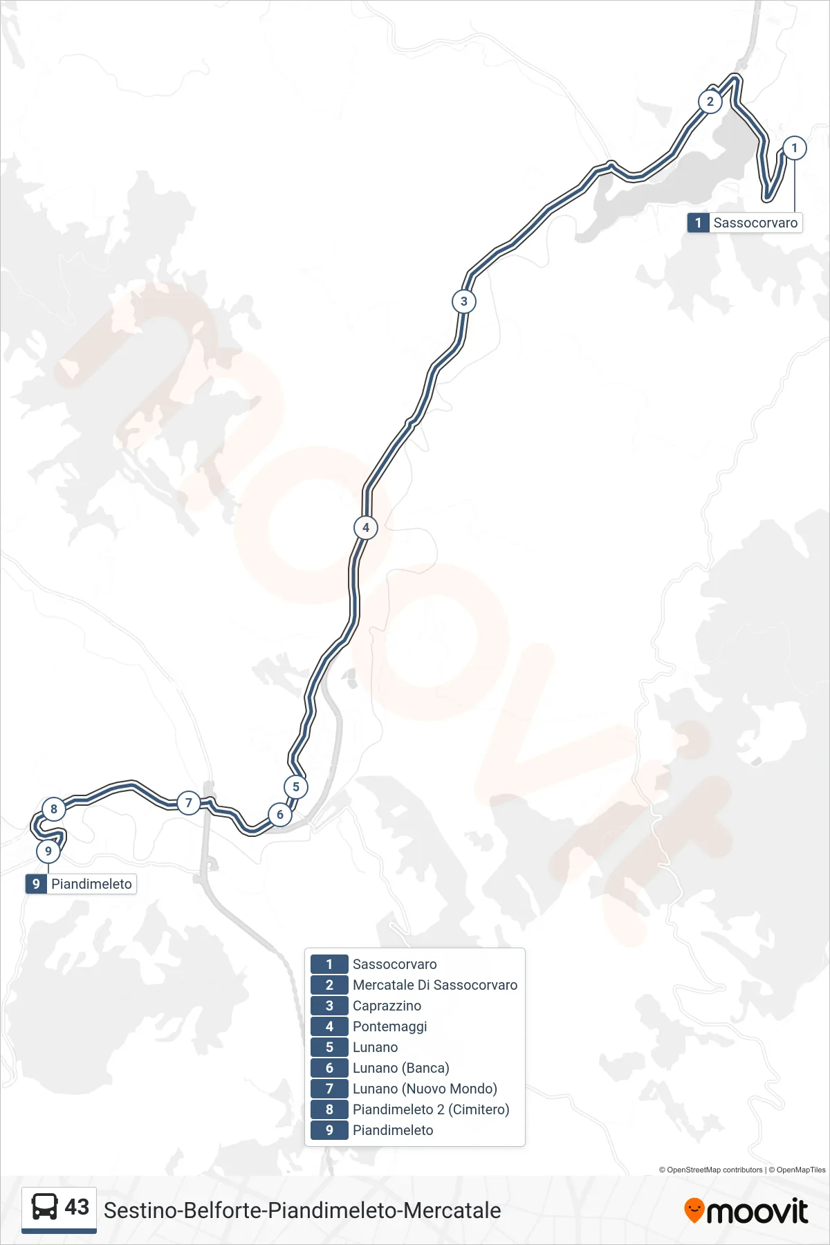 43 bus Line (Piandimeleto) route and stops on a map