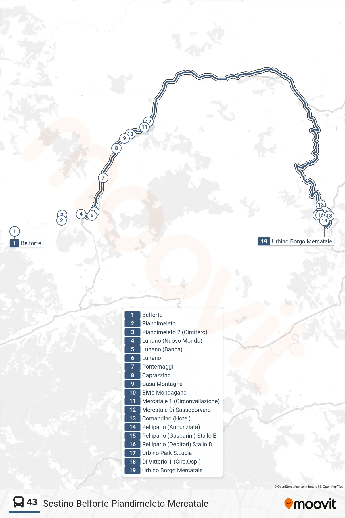 Linea 43 bus (Urbino Borgo Mercatale) - Percorsi e fermate sulla mappa
