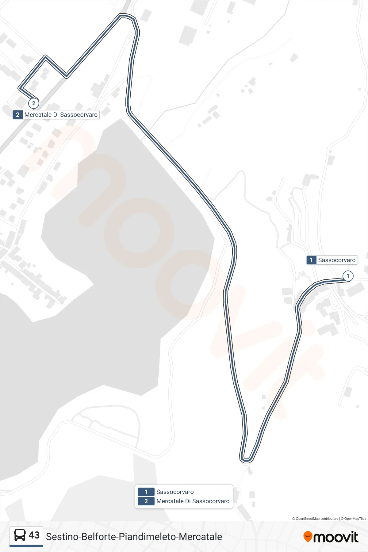43 bus Line (Mercatale Di Sassocorvaro) route and stops on a map