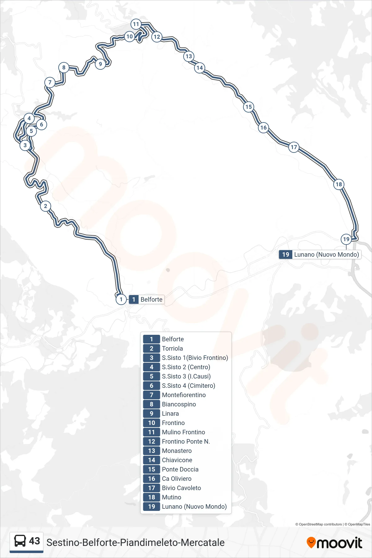 Linea 43  bus (Lunano (Nuovo Mondo)) - Percorsi e fermate sulla mappa