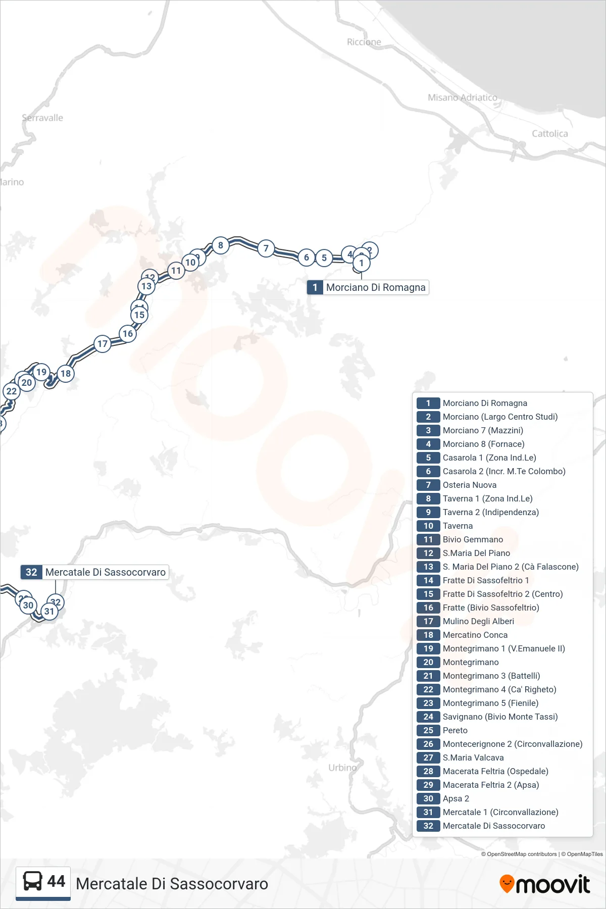 Linea 44 bus (Mercatale Di Sassocorvaro) - Percorsi e fermate sulla mappa