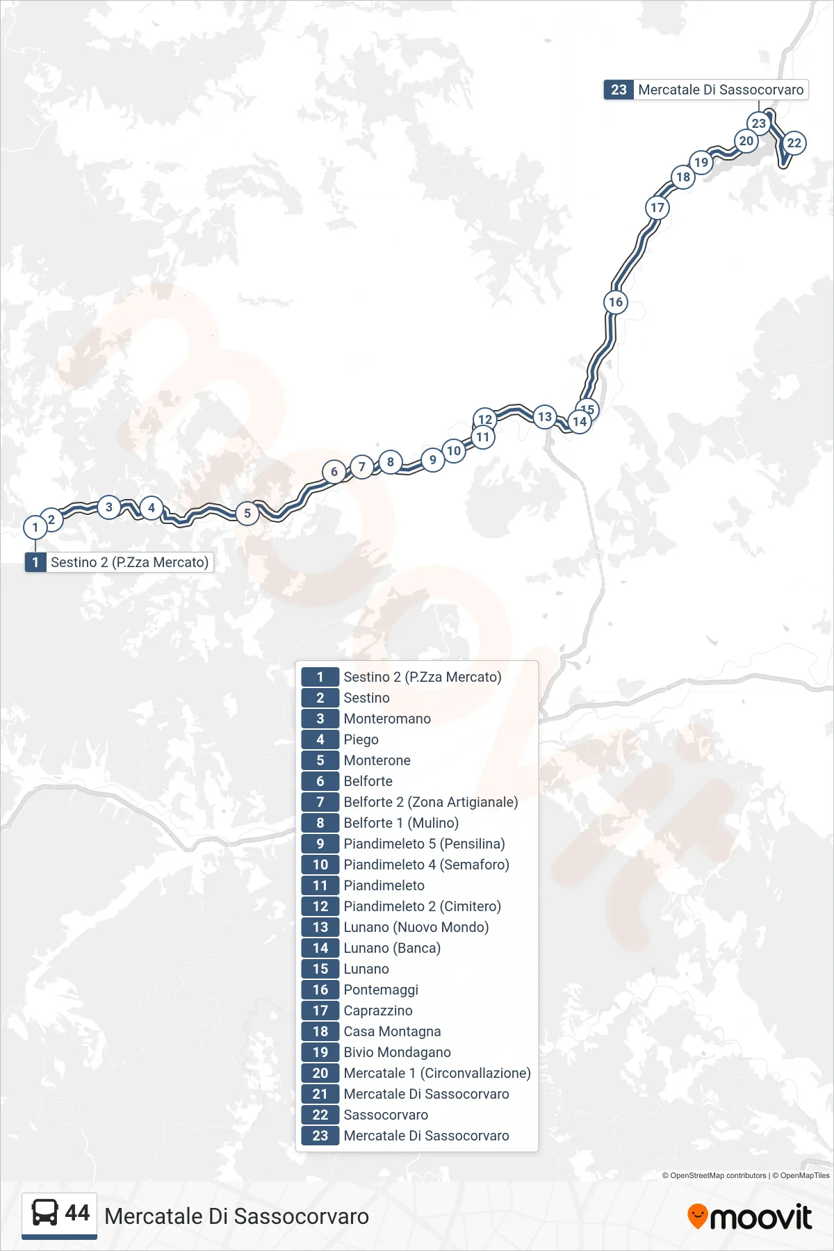 Linea 44 bus (Mercatale Di Sassocorvaro) - Percorsi e fermate sulla mappa
