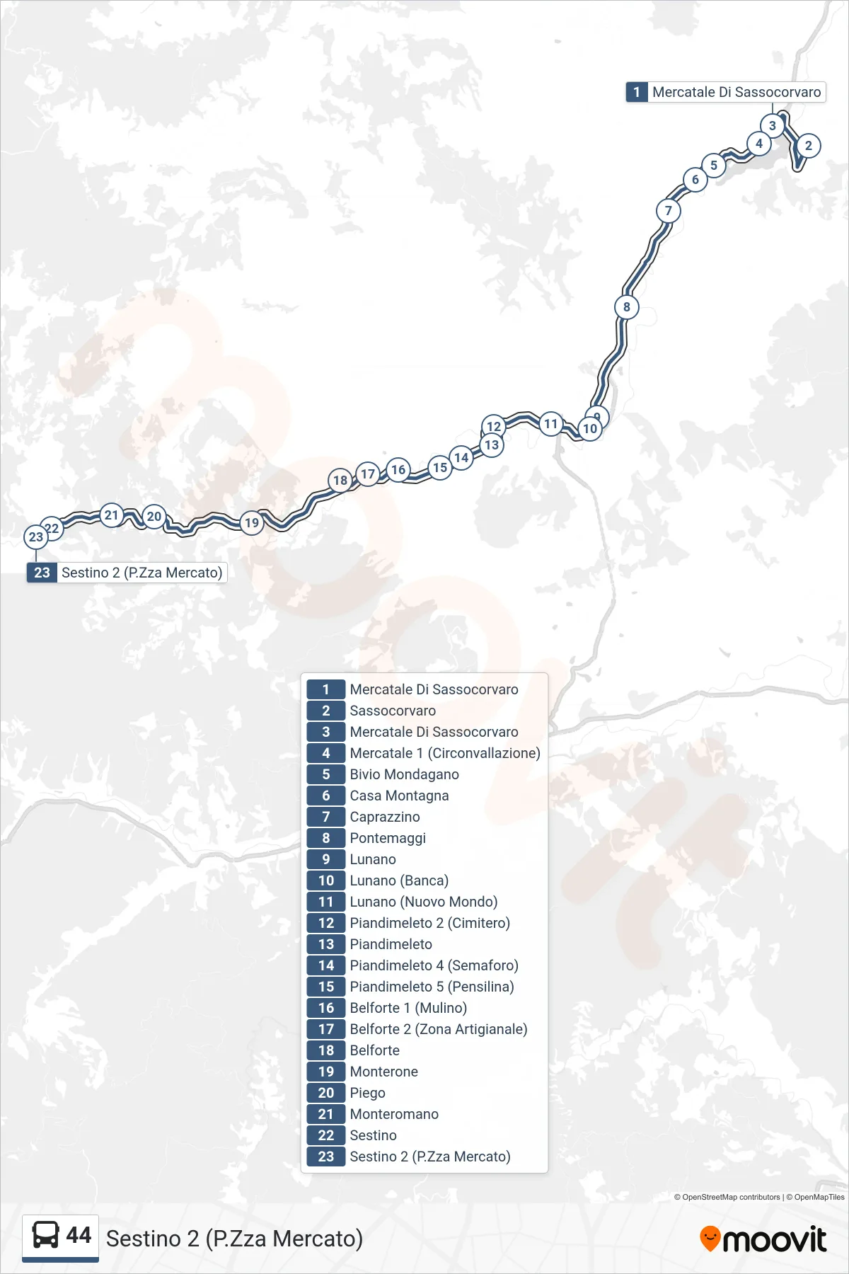44 bus Line (Sestino 2 (Market Square)) route and stops on a map