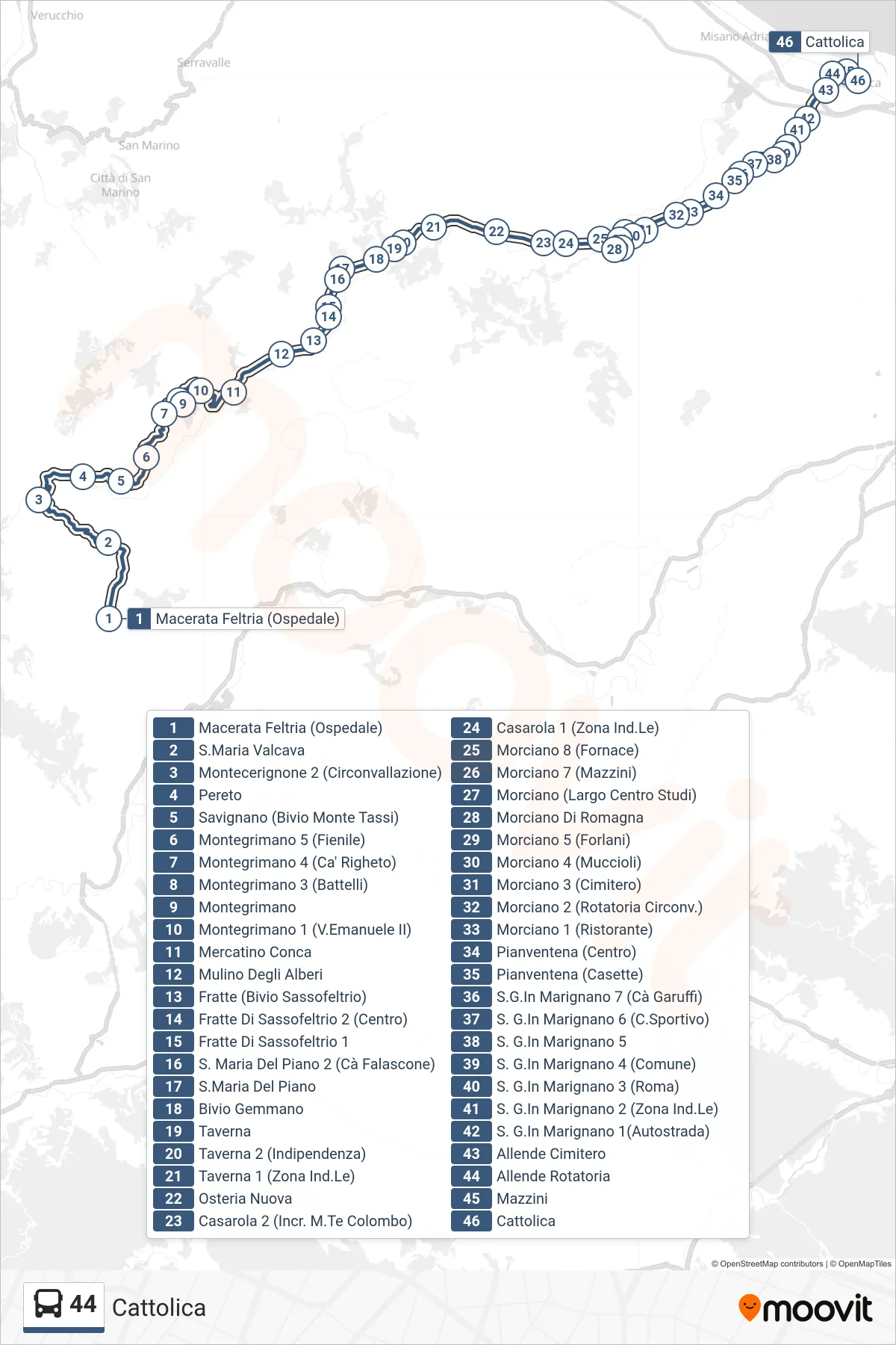 Linea 44 bus (Cattolica) - Percorsi e fermate sulla mappa