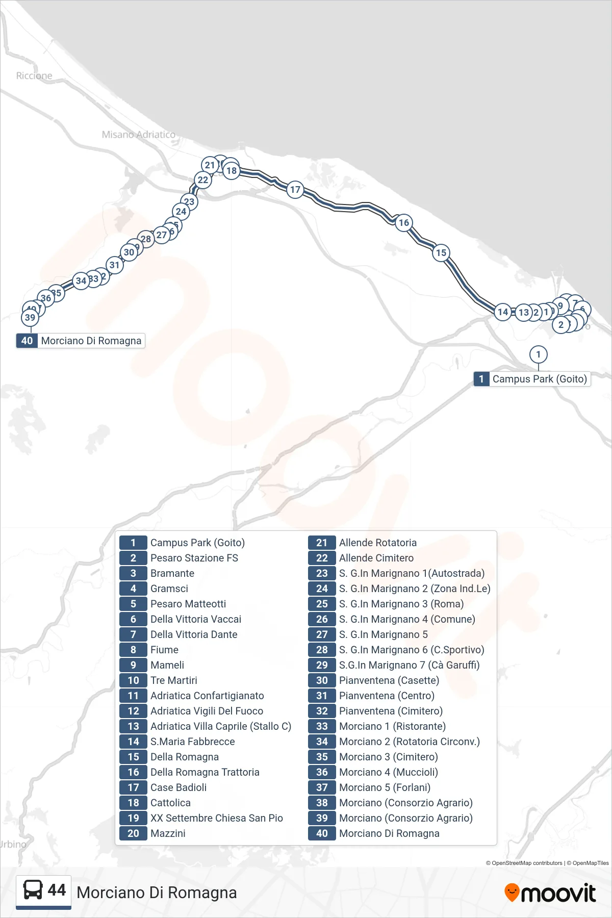 44 bus Line (Morciano Di Romagna) route and stops on a map