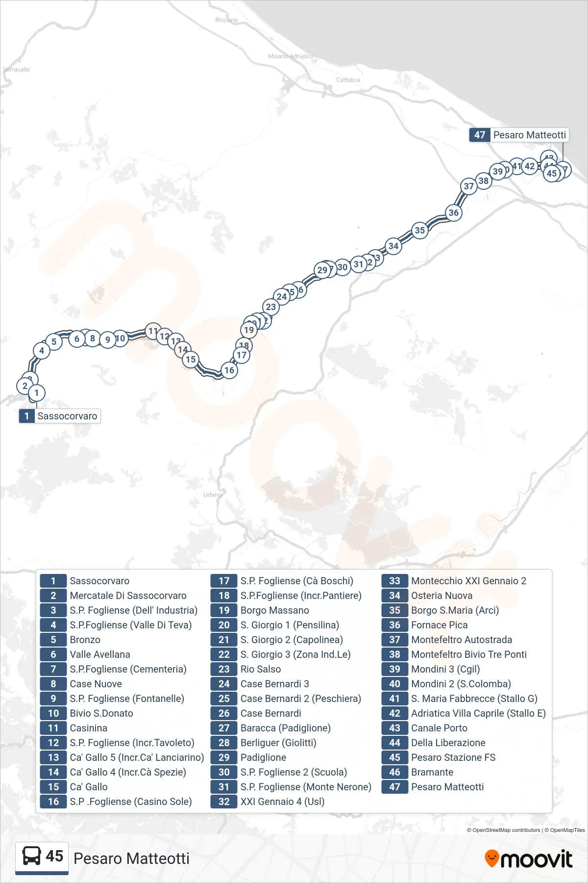 Linea 45  bus (Pesaro Matteotti) - Percorsi e fermate sulla mappa