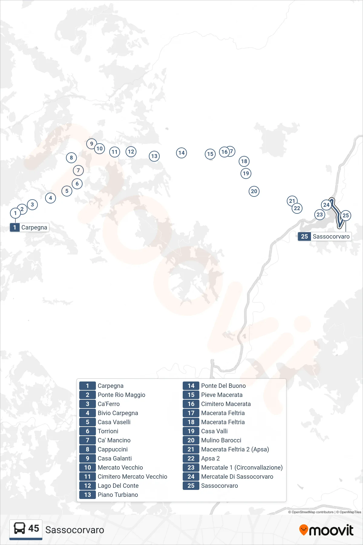 Linea 45 bus (Sassocorvaro) - Percorsi e fermate sulla mappa