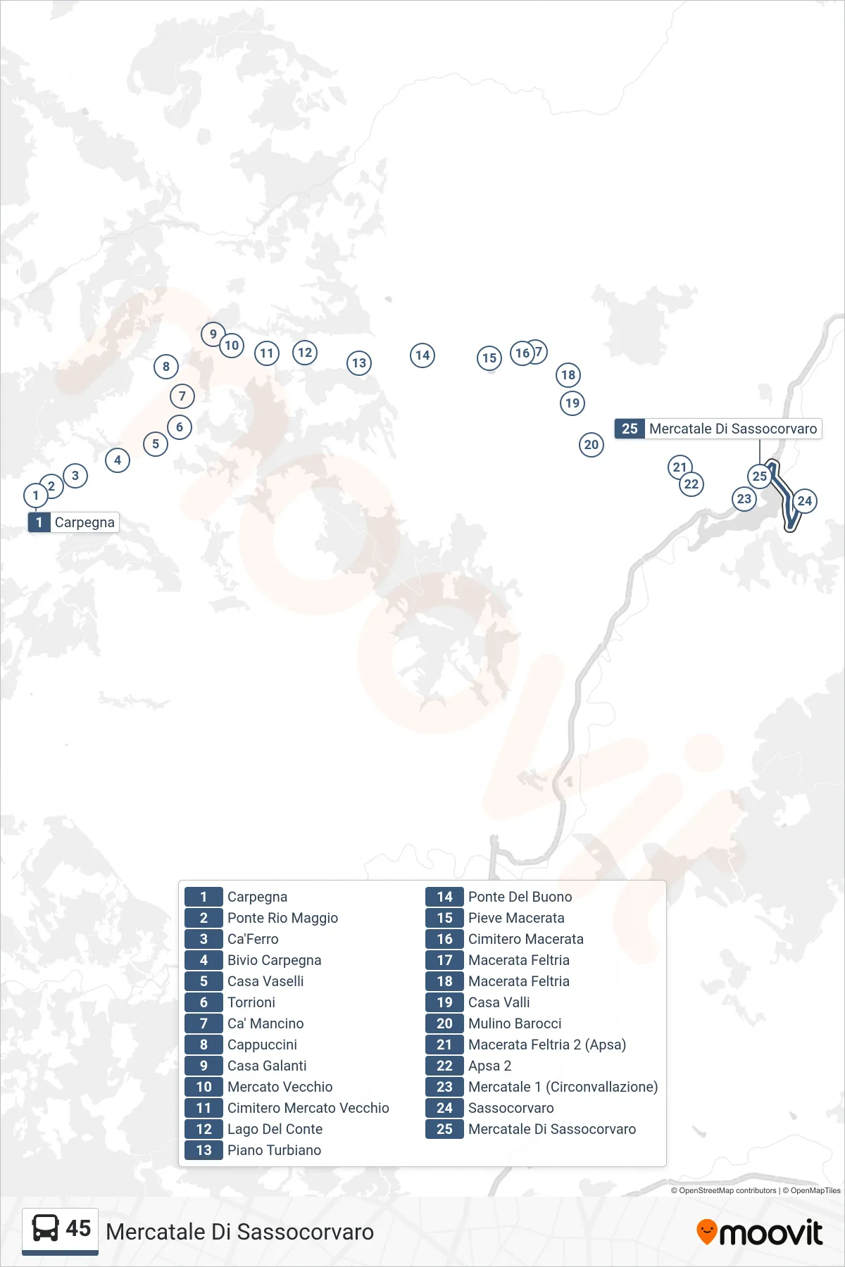 Linea 45 bus (Mercatale Di Sassocorvaro) - Percorsi e fermate sulla mappa
