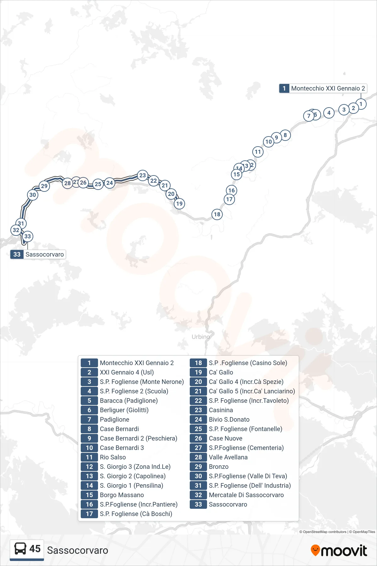 Linea 45  bus (Sassocorvaro) - Percorsi e fermate sulla mappa