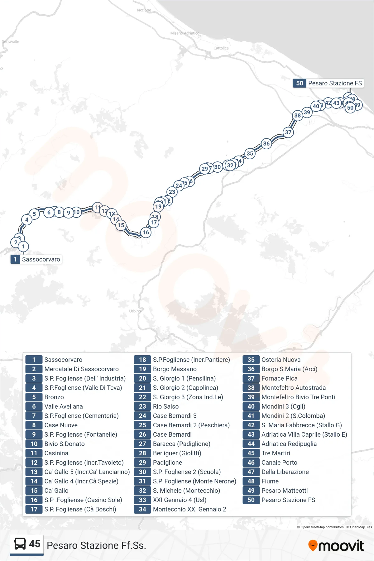Linea 45  bus (Pesaro Stazione Ff.Ss.) - Percorsi e fermate sulla mappa
