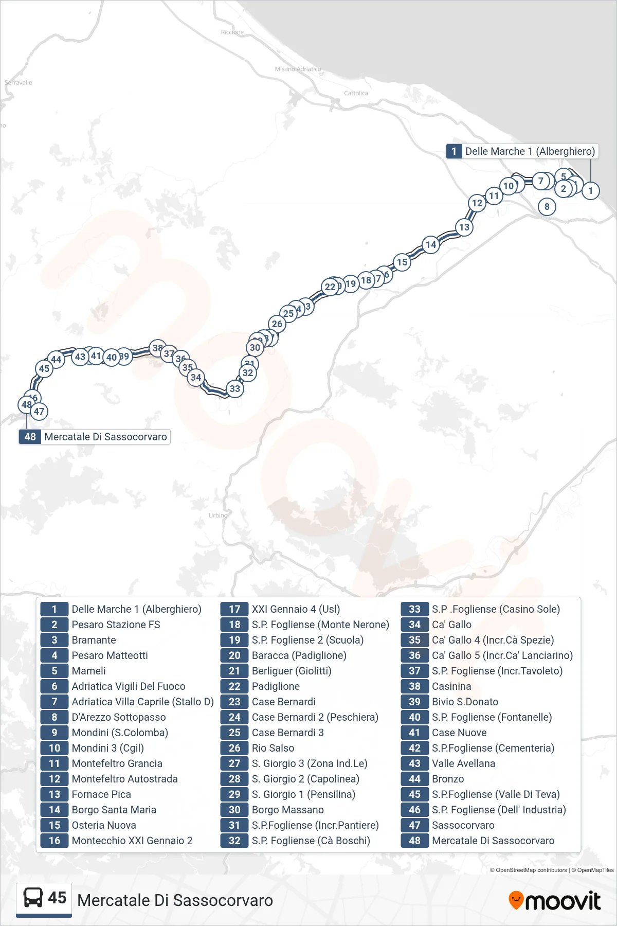 Linea 45  bus (Mercatale Di Sassocorvaro) - Percorsi e fermate sulla mappa
