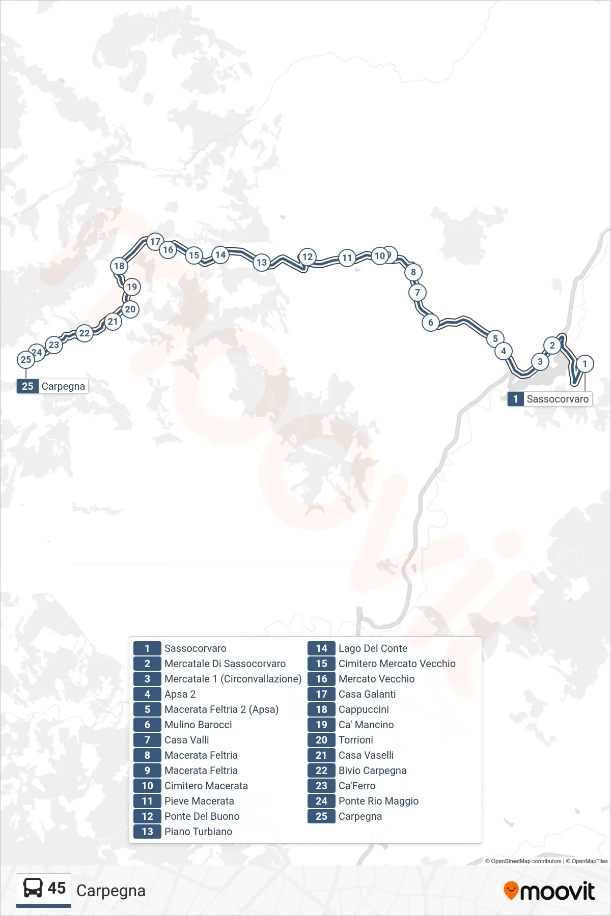 Linea 45  bus (Carpegna) - Percorsi e fermate sulla mappa