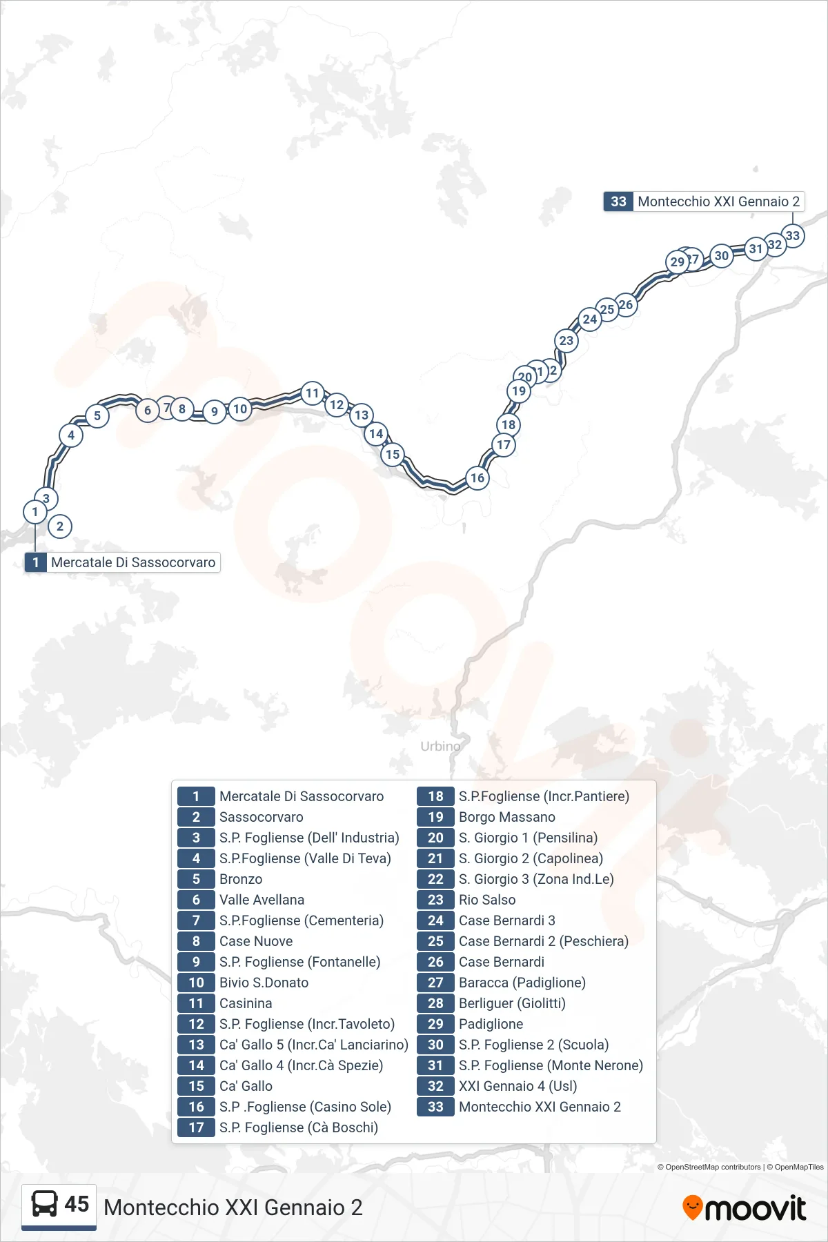 Linea 45 bus (Montecchio XXI Gennaio 2) - Percorsi e fermate sulla mappa