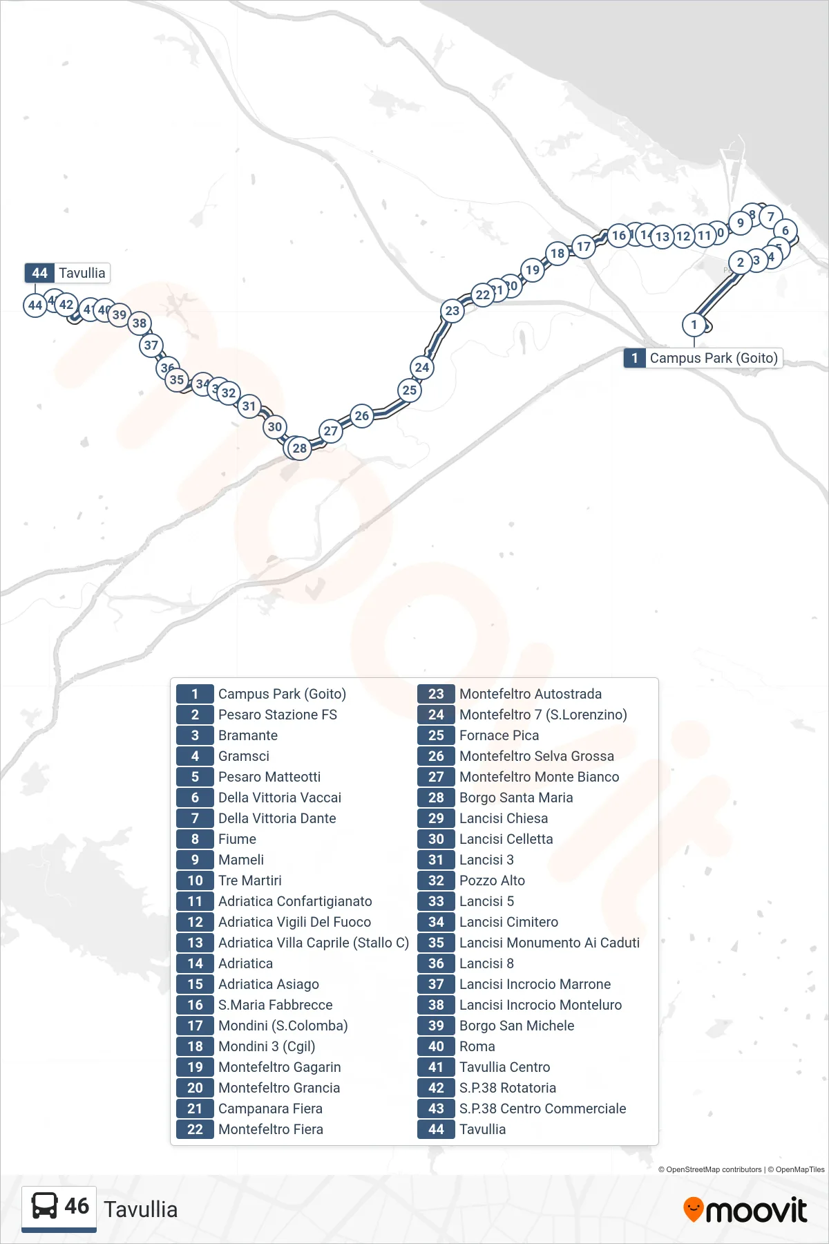 Linea 46 bus (Tavullia) - Percorsi e fermate sulla mappa