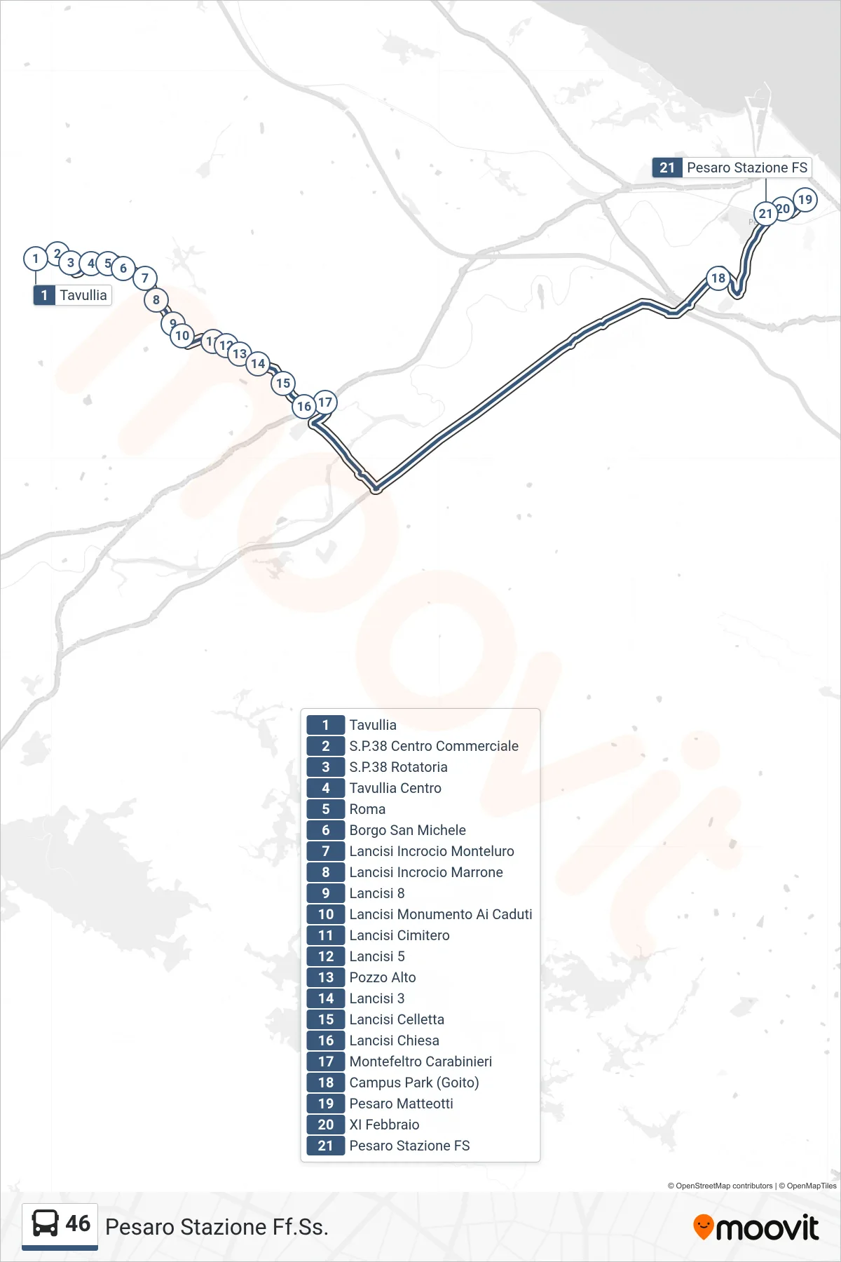 Linea 46 bus (Pesaro Stazione Ff.Ss.) - Percorsi e fermate sulla mappa