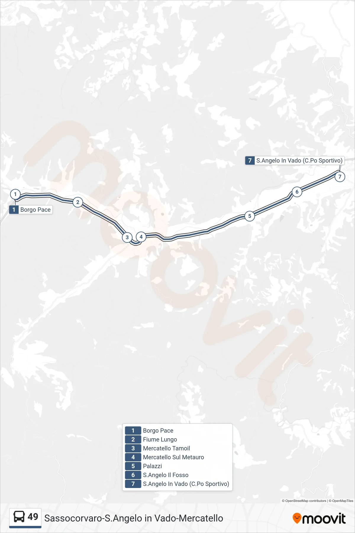49 bus Line (Sant'Angelo In Vado (Sports Field)) route and stops on a map