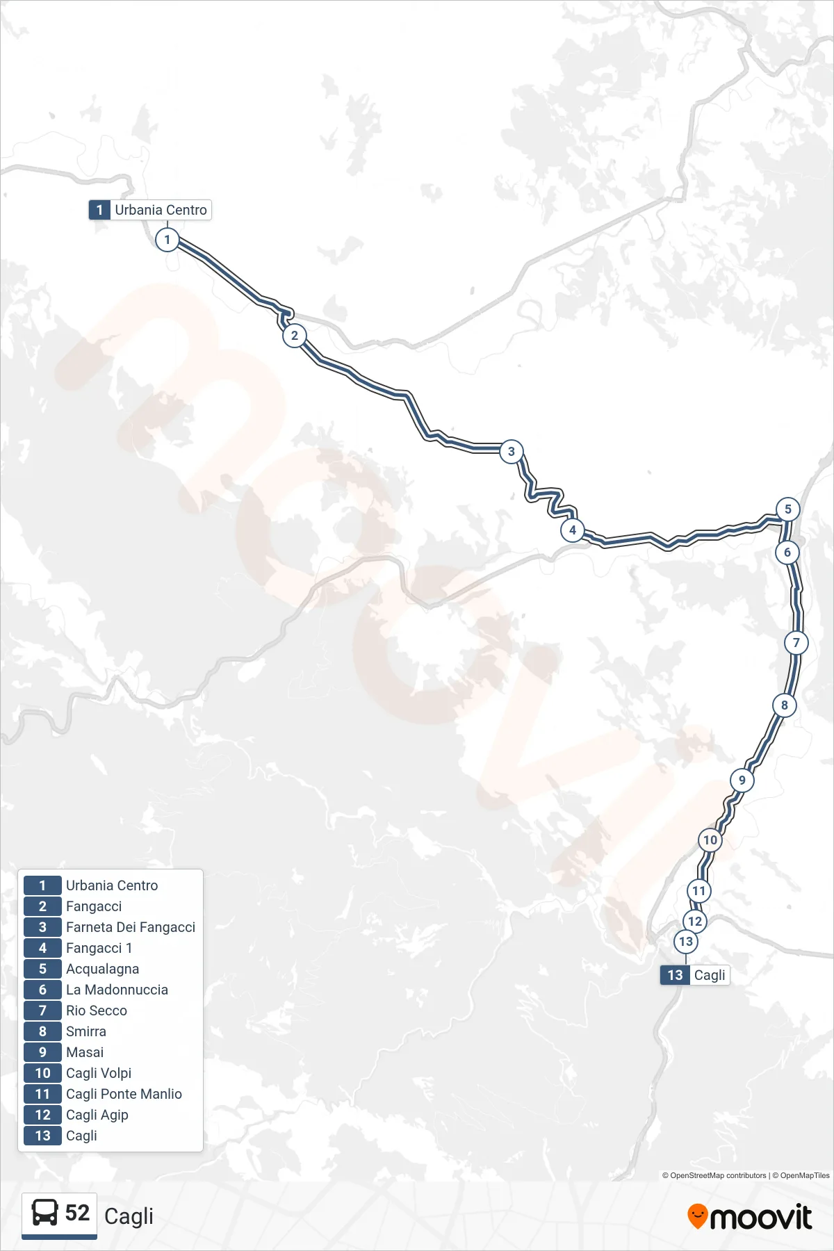 Linea 52 bus (Cagli) - Percorsi e fermate sulla mappa