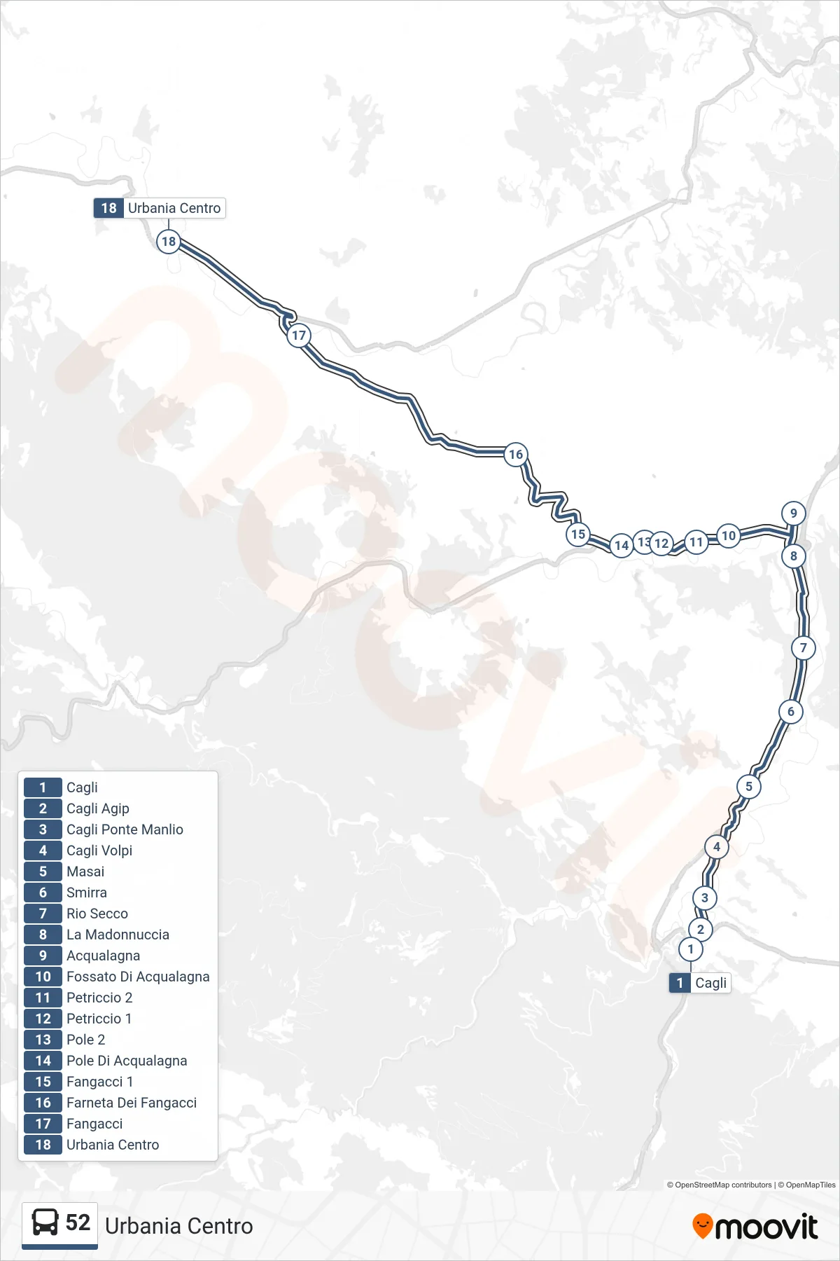Linea 52 bus (Urbania Centro) - Percorsi e fermate sulla mappa