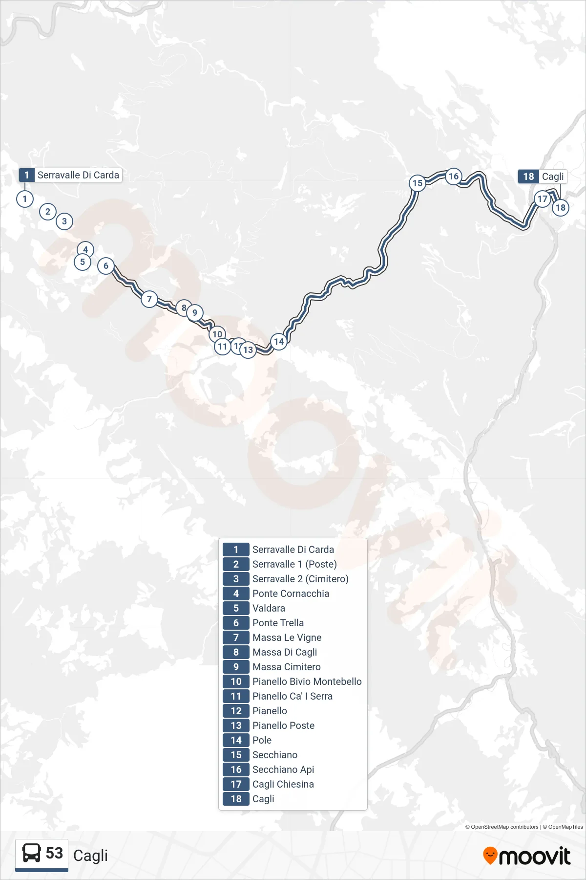 Linea 53 bus (Cagli) - Percorsi e fermate sulla mappa