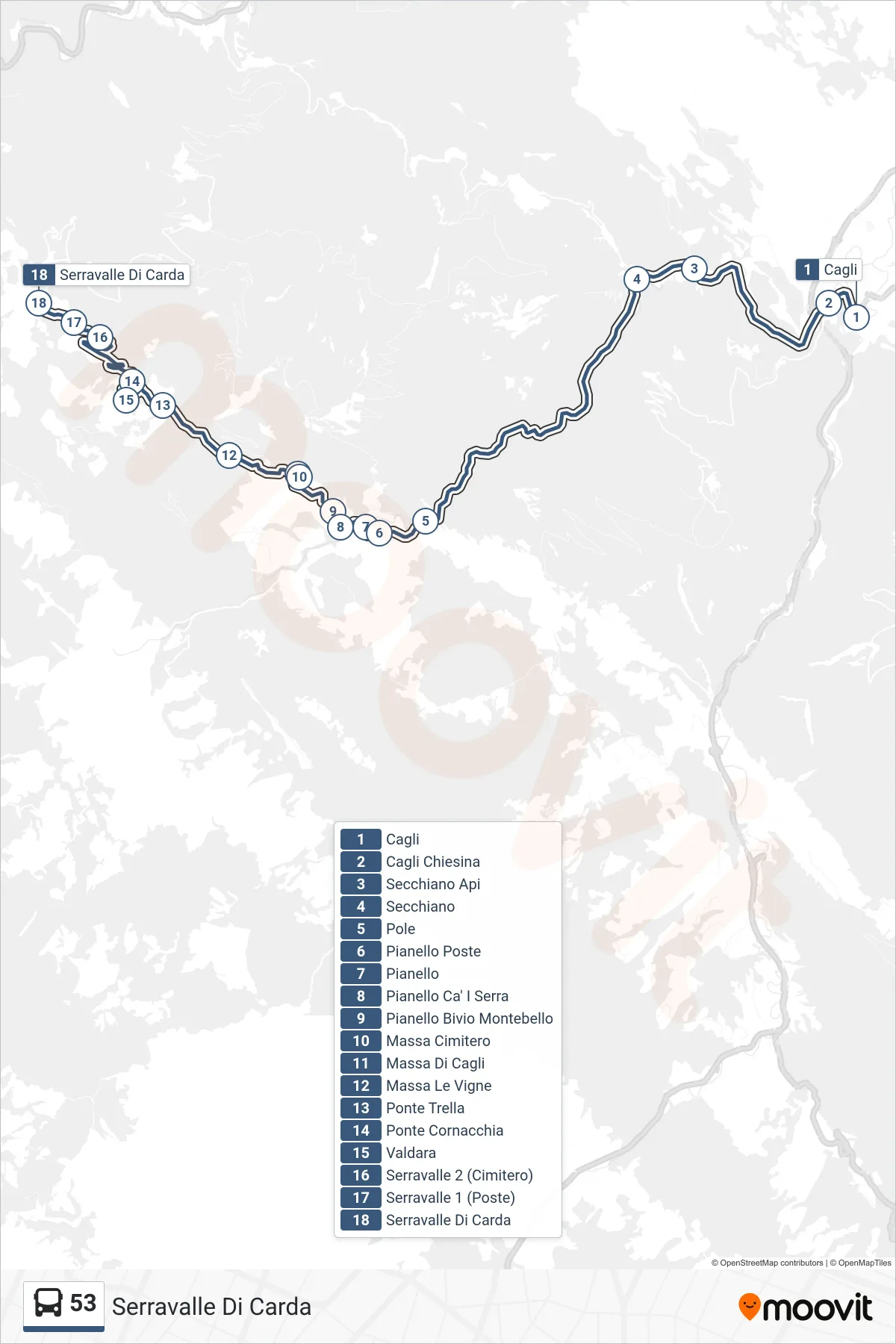 Linea 53  bus (Serravalle Di Carda) - Percorsi e fermate sulla mappa