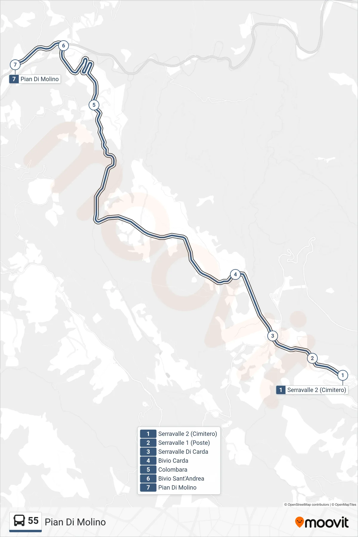 Linea 55 bus (Pian Di Molino) - Percorsi e fermate sulla mappa