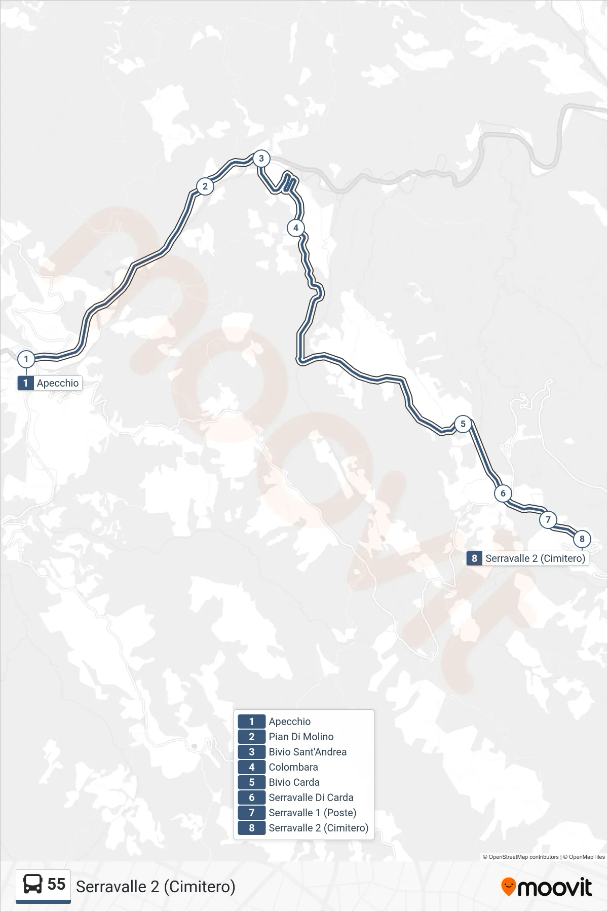 55 bus Line (Serravalle 2 (Cemetery)) route and stops on a map