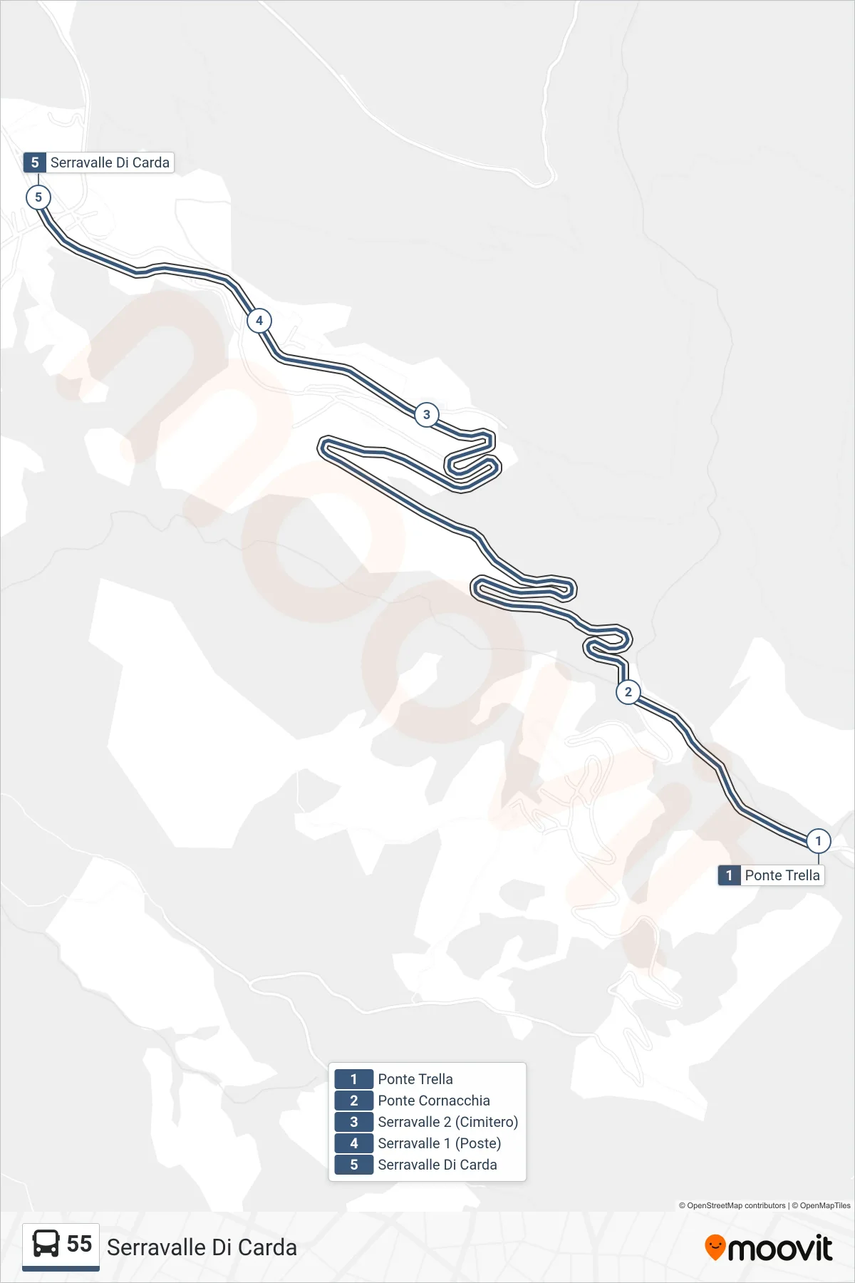 55 bus Line (Serravalle Di Carda) route and stops on a map