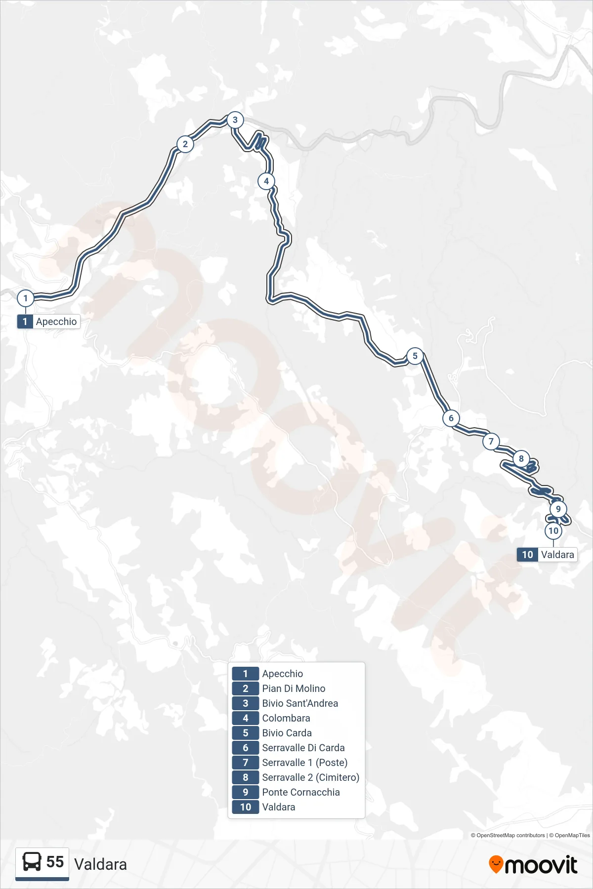 Linea 55 bus (Valdara) - Percorsi e fermate sulla mappa