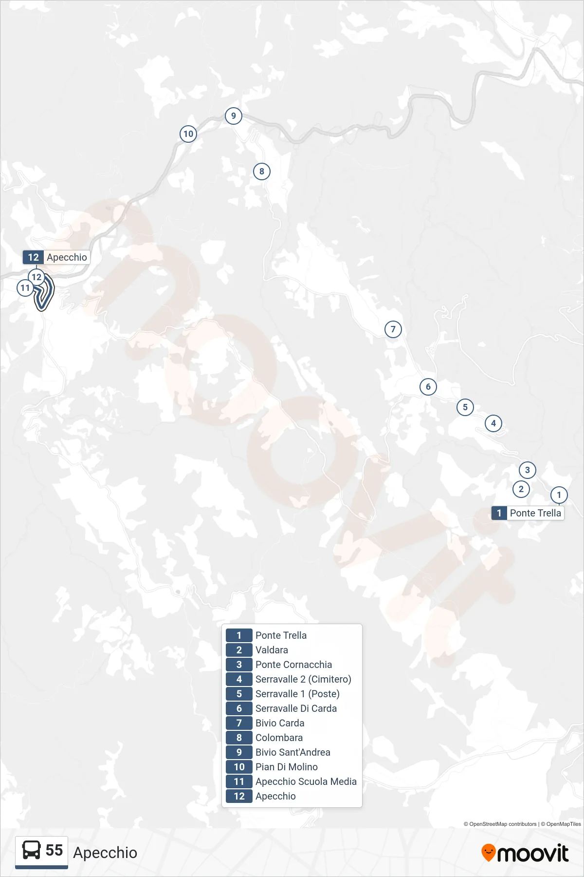 Linea 55 bus (Apecchio) - Percorsi e fermate sulla mappa