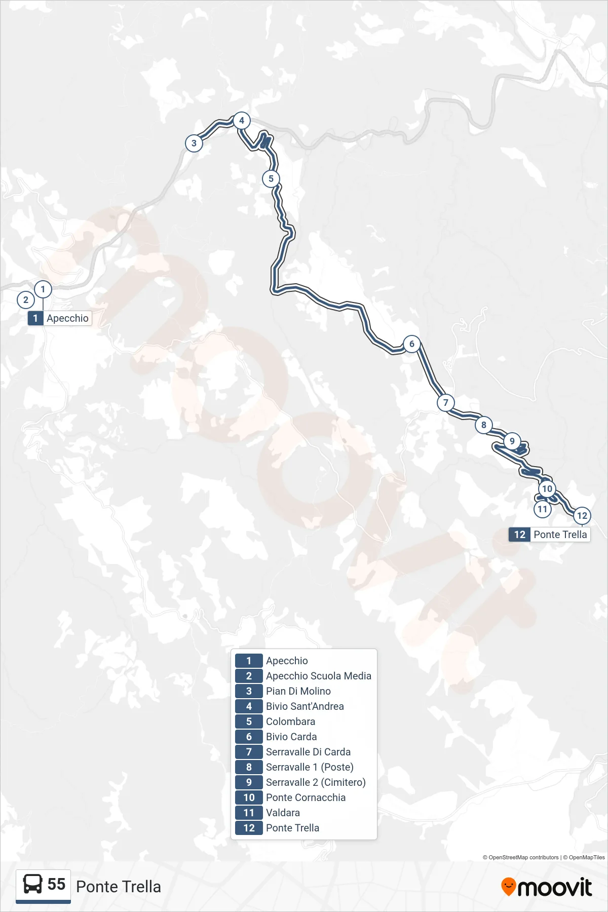 Linea 55 bus (Ponte Trella) - Percorsi e fermate sulla mappa
