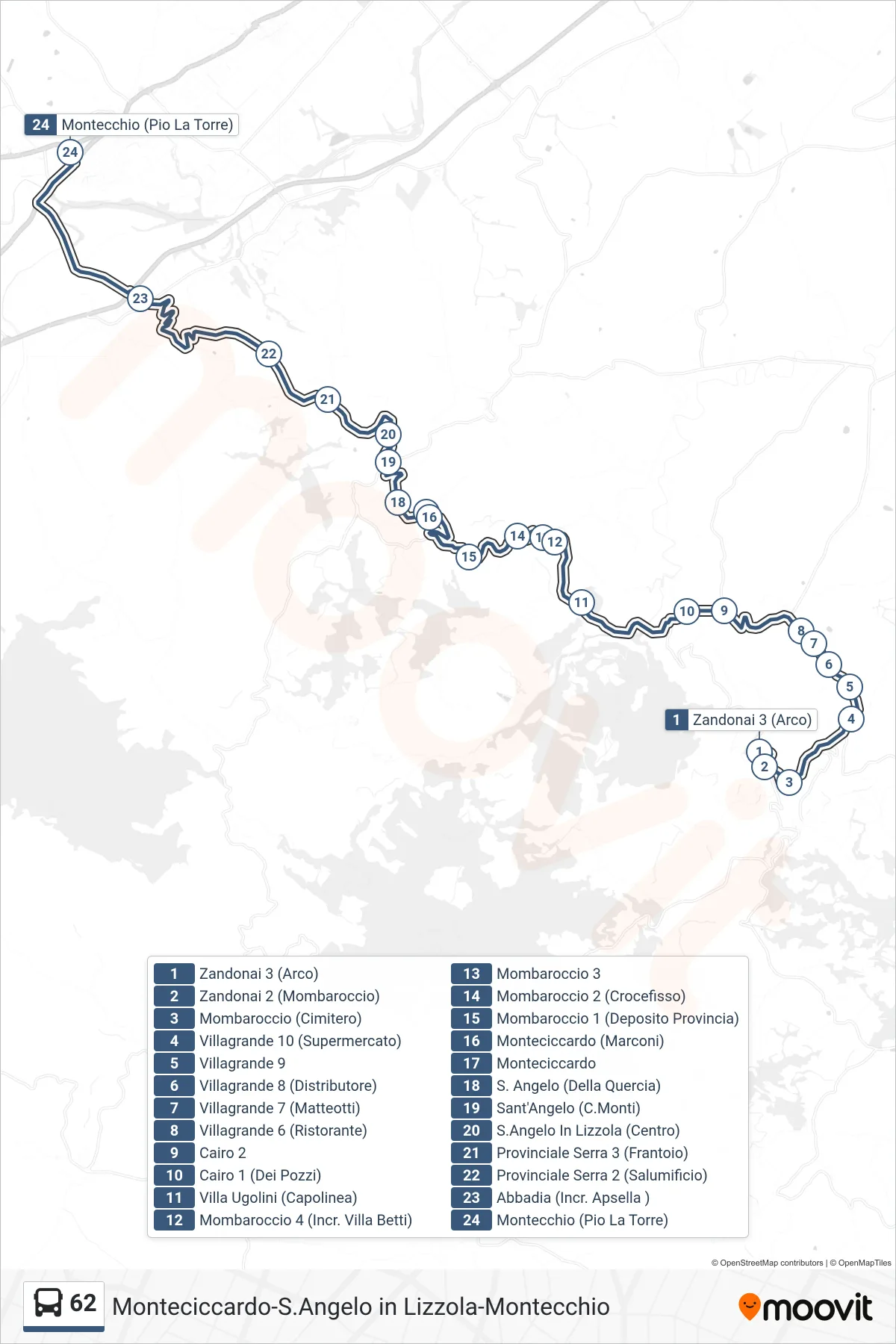 Linea 62 bus (Montecchio (Pio La Torre)) - Percorsi e fermate sulla mappa