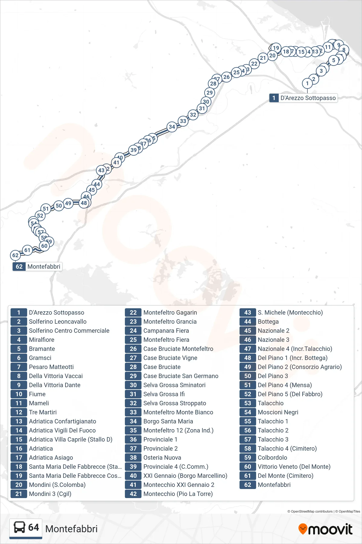 Linea 64  bus (Montefabbri) - Percorsi e fermate sulla mappa