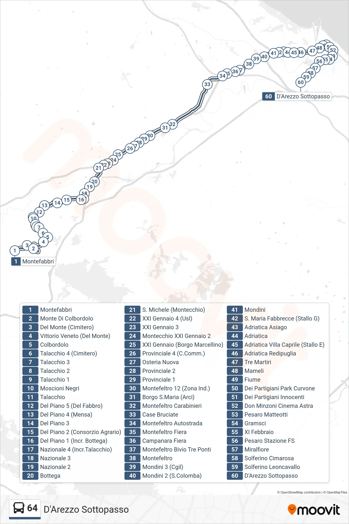 Linea 64 bus (D'Arezzo Sottopasso) - Percorsi e fermate sulla mappa