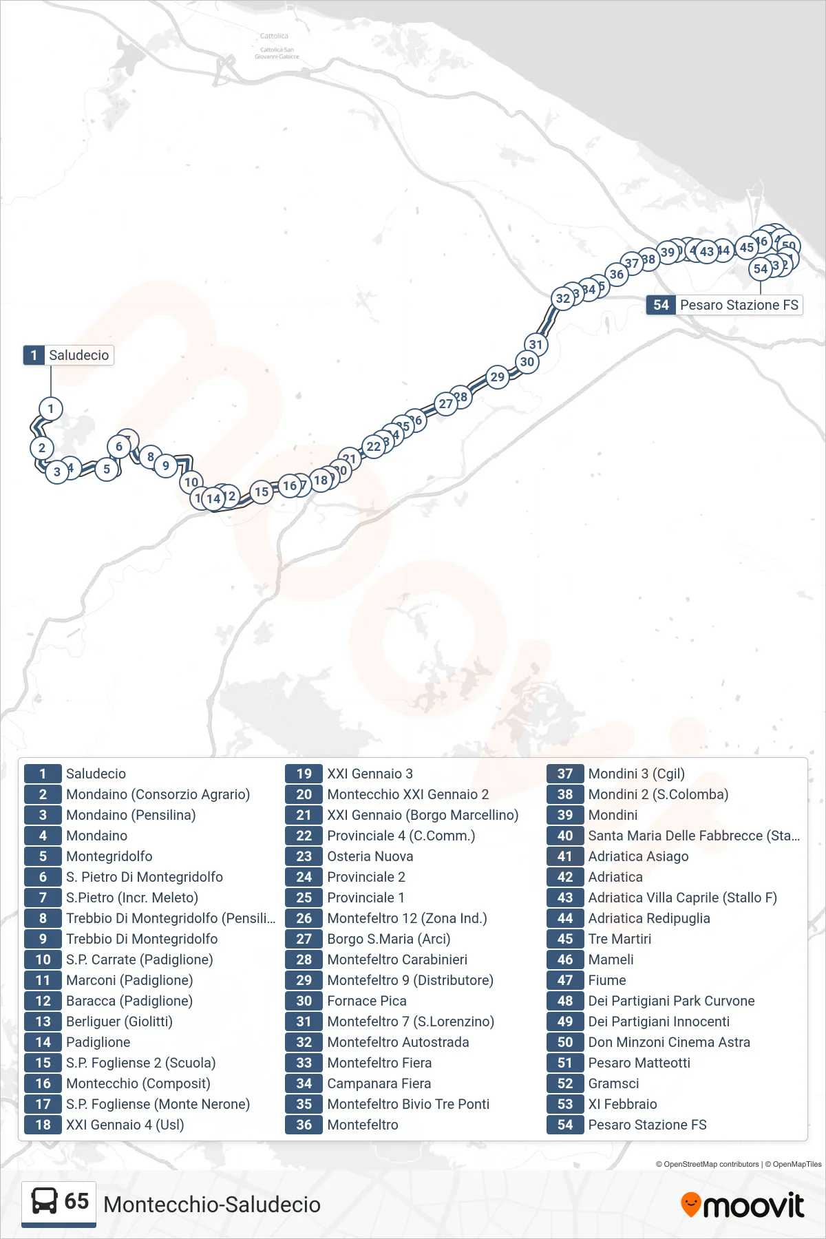 Linea 65 bus (Pesaro Stazione Ff.Ss.) - Percorsi e fermate sulla mappa