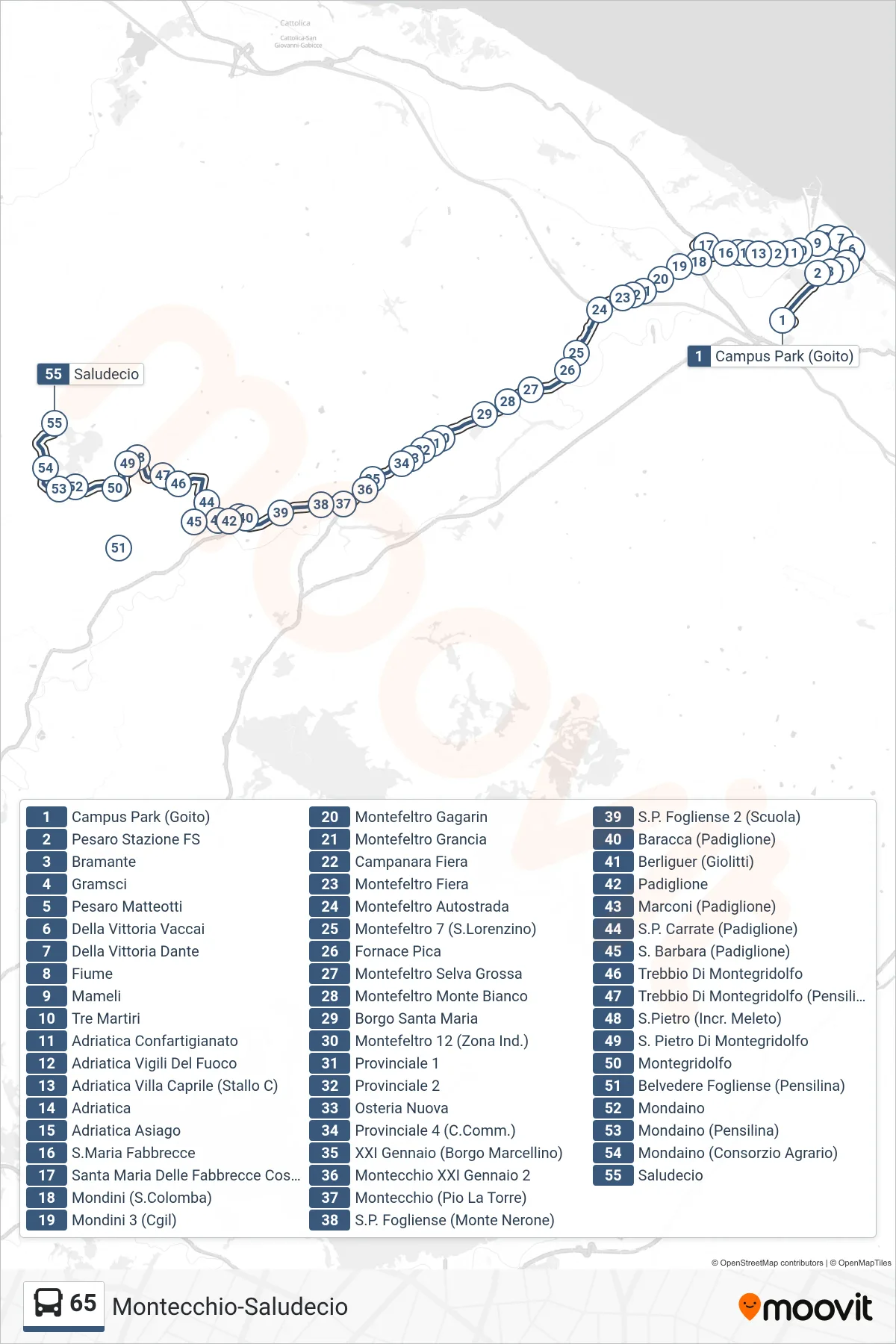Linea 65 bus (Saludecio) - Percorsi e fermate sulla mappa