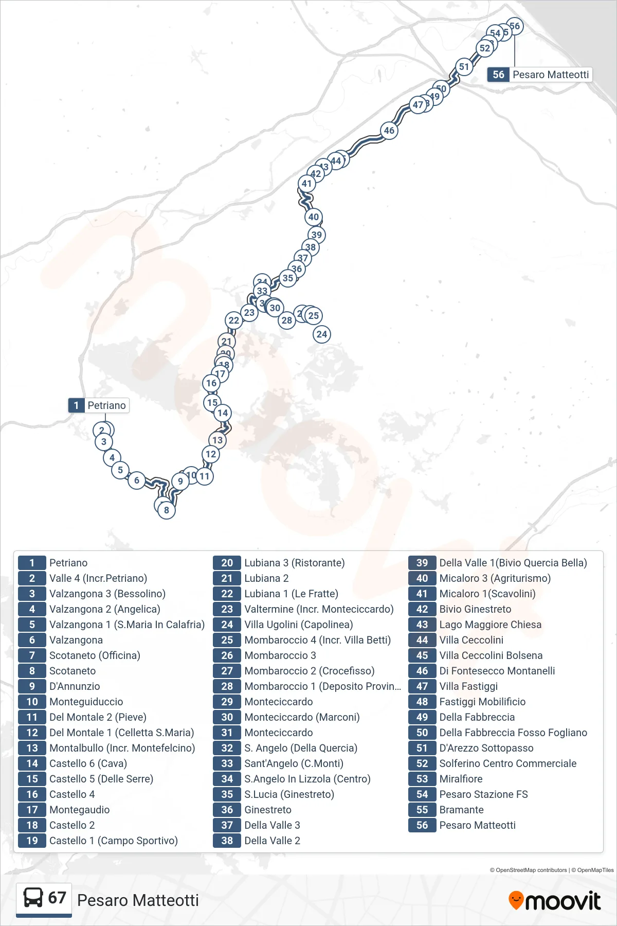 Linea 67 bus (Pesaro Matteotti) - Percorsi e fermate sulla mappa