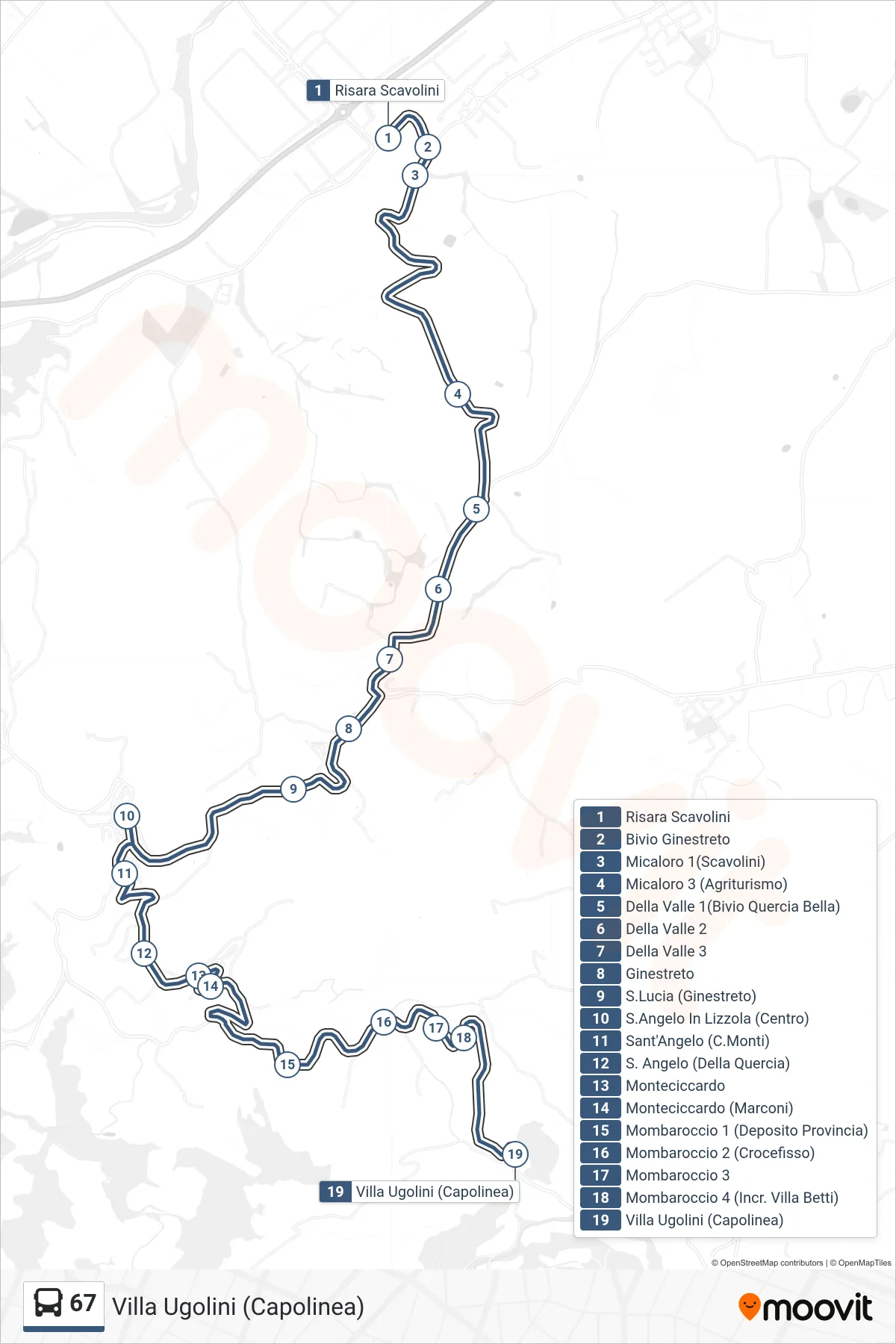 Linea 67  bus (Villa Ugolini (Capolinea)) - Percorsi e fermate sulla mappa