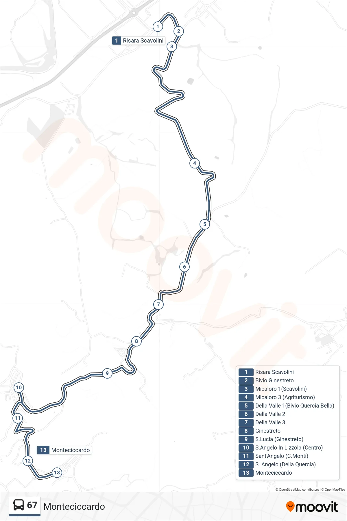 Linea 67 bus (Monteciccardo) - Percorsi e fermate sulla mappa