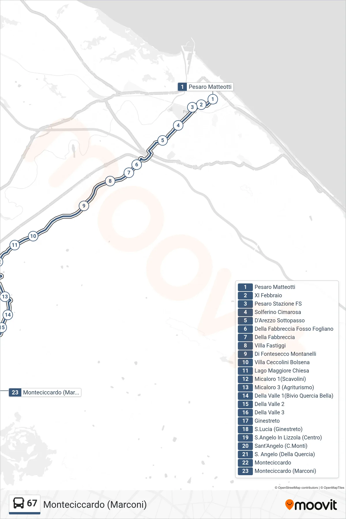 Linea 67 bus (Monteciccardo (Marconi)) - Percorsi e fermate sulla mappa
