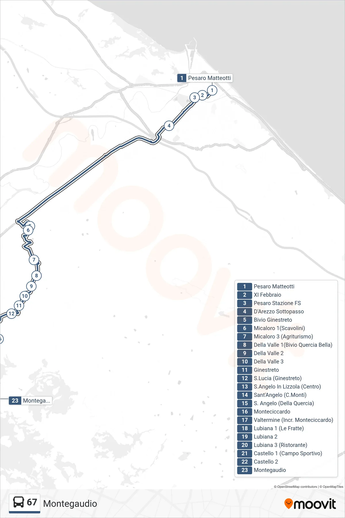 Linea 67 bus (Montegaudio) - Percorsi e fermate sulla mappa