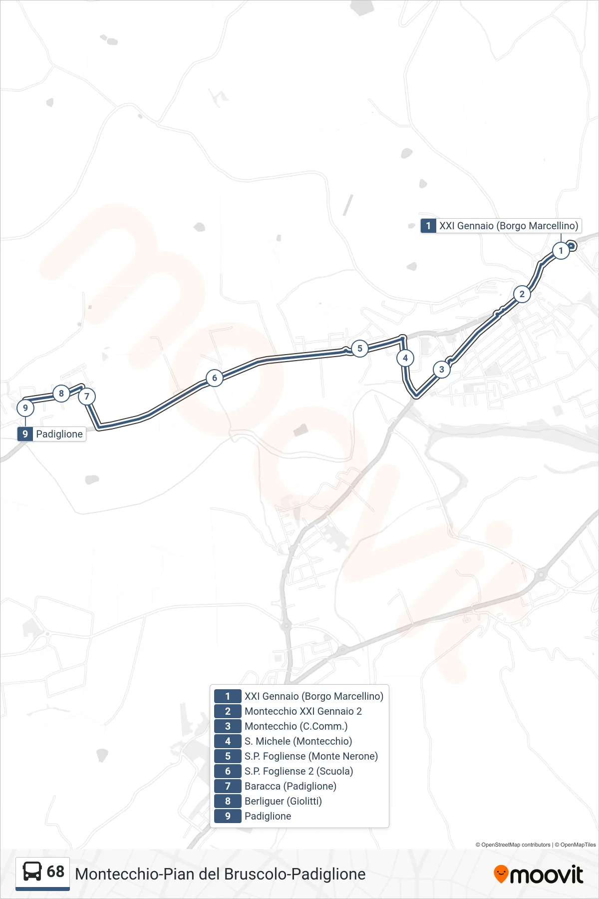68 bus Line (Pavilion) route and stops on a map