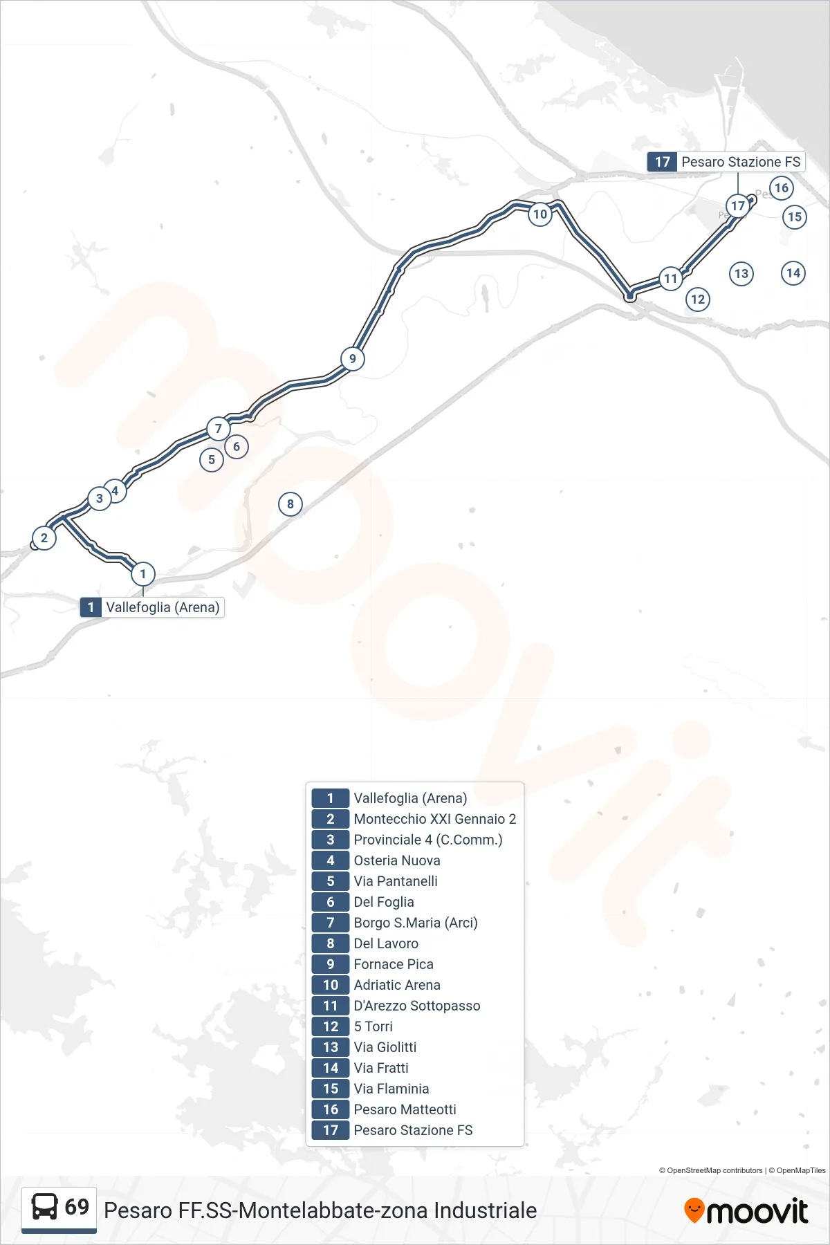 Linea 69 bus (Pesaro Stazione Ff.Ss.) - Percorsi e fermate sulla mappa