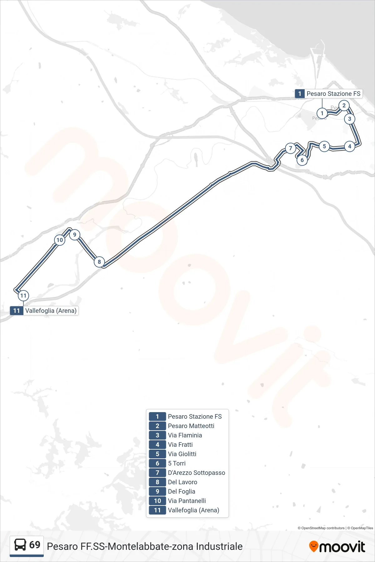 Linea 69  bus (Vallefoglia (Arena)) - Percorsi e fermate sulla mappa