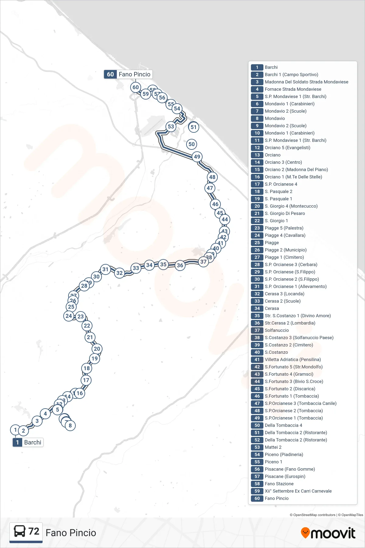 72 bus Line (Fano Pincio) route and stops on a map