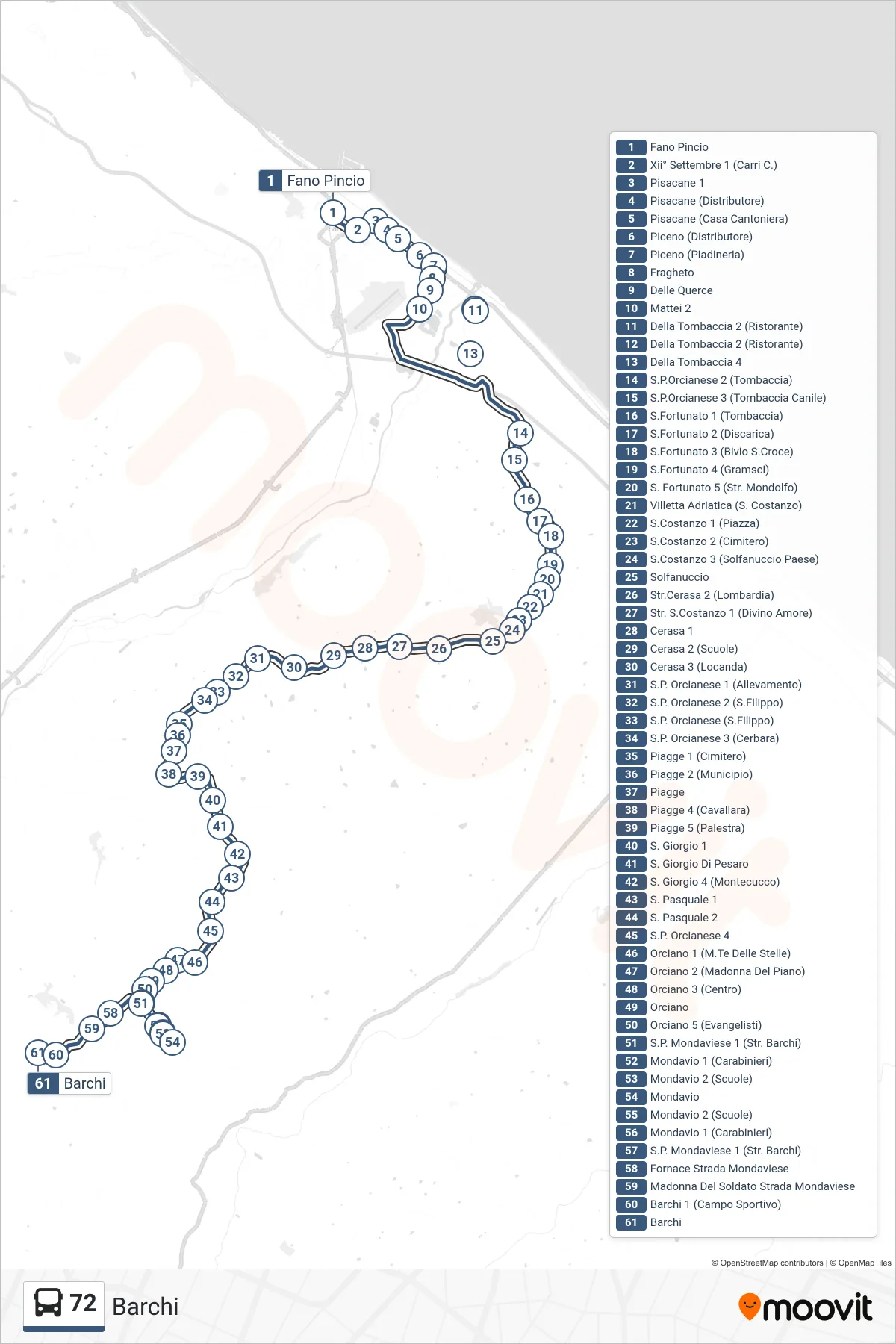 Linea 72 bus (Barchi) - Percorsi e fermate sulla mappa