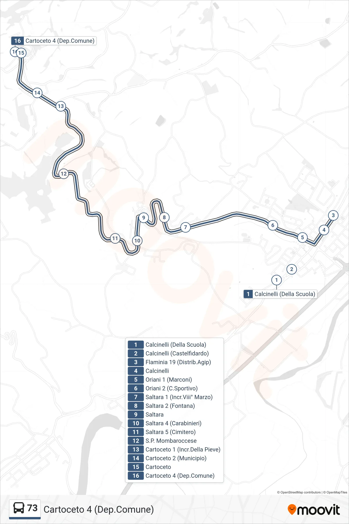 Linea 73 bus (Cartoceto 4 (Dep.Comune)) - Percorsi e fermate sulla mappa